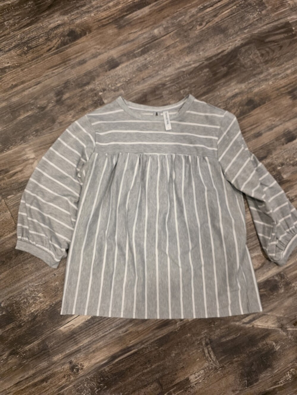 Tickled Teal Gray and White Striped Long Sleeve Top
